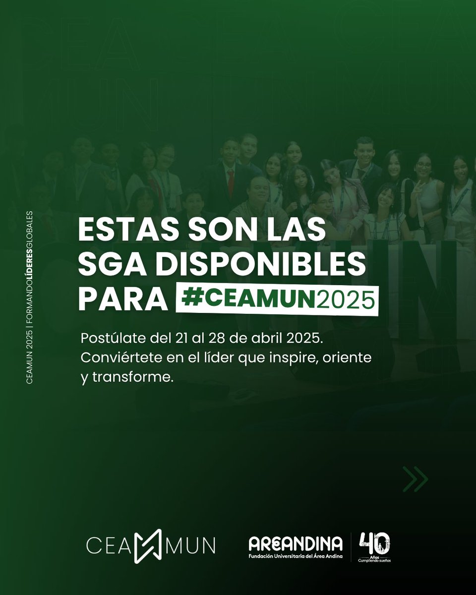 CEA_MUN_'s tweet photo. Estas son las SGA disponibles para #CEAMUN2025

📍SGA Asuntos Especializados

📍SGA Universos Fantásticos

✨ Prepárate para vivir #CEAMUN2025 como nunca antes.

#FormandoLideresGlobales 🌎 #ModeloONU #onucolombia #areandina #modelodenacionesunidas #mun https://t.co/sxtj7F6M12