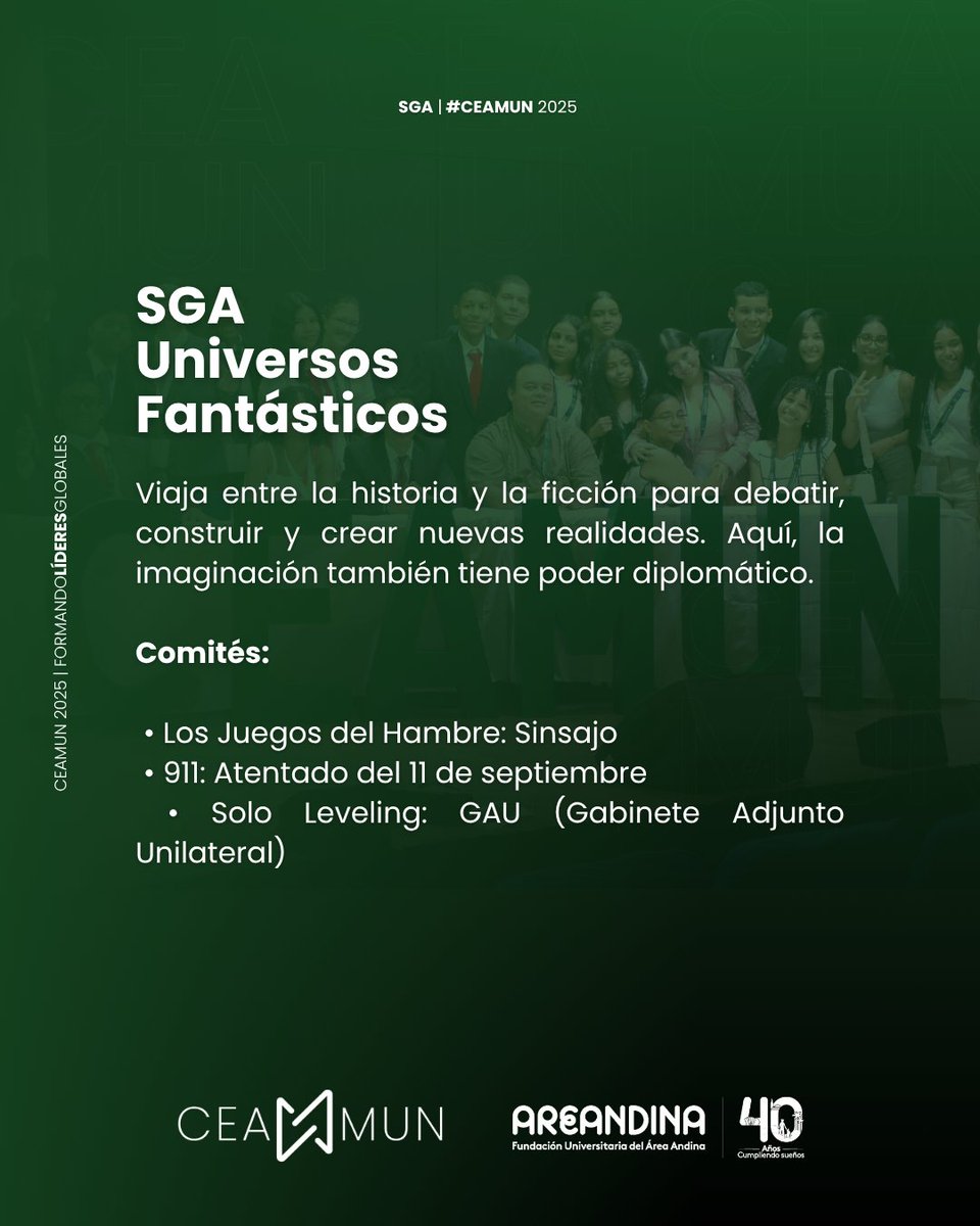 CEA_MUN_'s tweet photo. Estas son las SGA disponibles para #CEAMUN2025

📍SGA Asuntos Especializados

📍SGA Universos Fantásticos

✨ Prepárate para vivir #CEAMUN2025 como nunca antes.

#FormandoLideresGlobales 🌎 #ModeloONU #onucolombia #areandina #modelodenacionesunidas #mun https://t.co/sxtj7F6M12