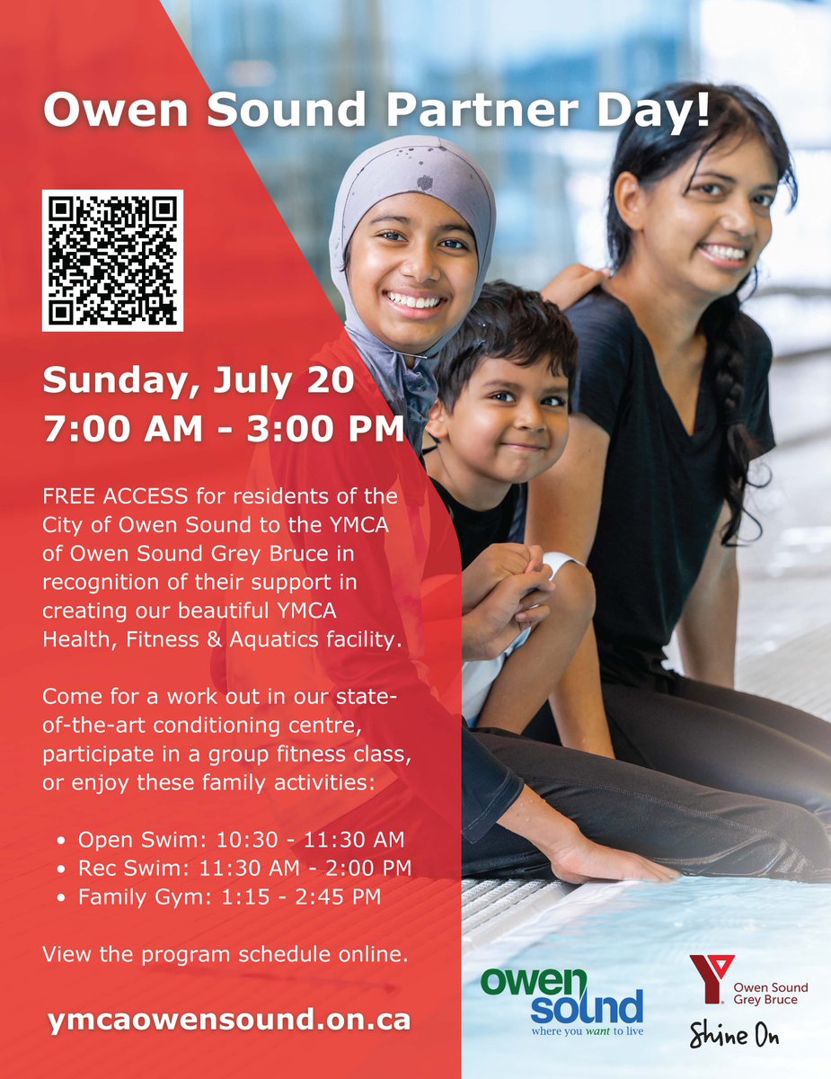 💥 Free gym. Free swim. Free fitness.
Owen Sound Partner Day at the YMCA is July 20 - TOMORROW!
Don’t miss your chance to check it out for FREE.