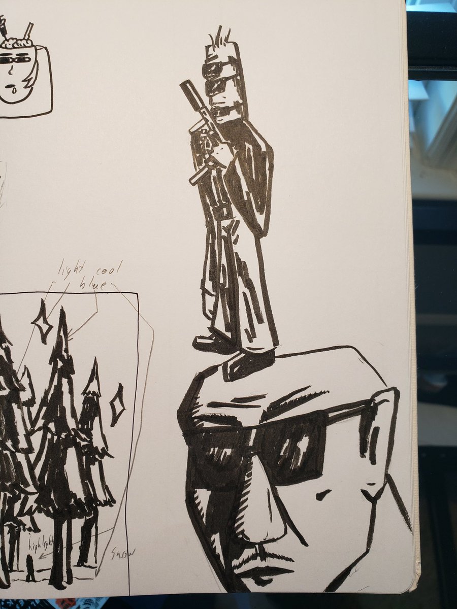 FigTheCosmic's tweet image. Sketchbook doodlin'. Sci fi goon Zorlo and some sort of dude. Oh and brain surgery Gail in the top left, don't worry about that