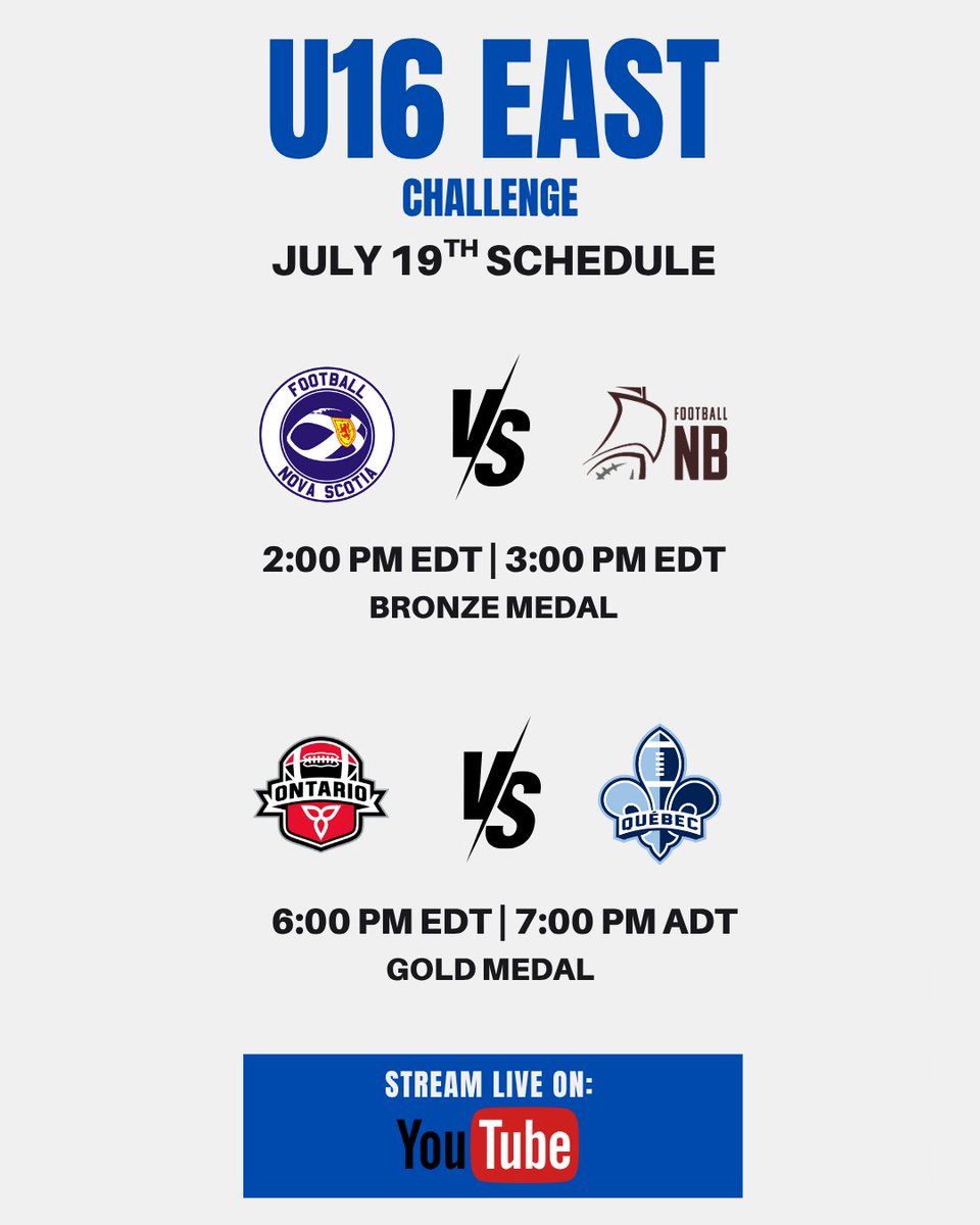 It all comes down to this.
U16 East Championship Day is here.

🥉 Bronze Medal – Nova Scotia vs New Brunswick
🕑 2PM EDT / 3PM ADT

🥇 Gold Medal – Ontario vs Québec
🕕 6PM EDT / 7PM ADT

Watch the U16 Championship and the rest of Football Canada's 2025 Tackle events by becoming