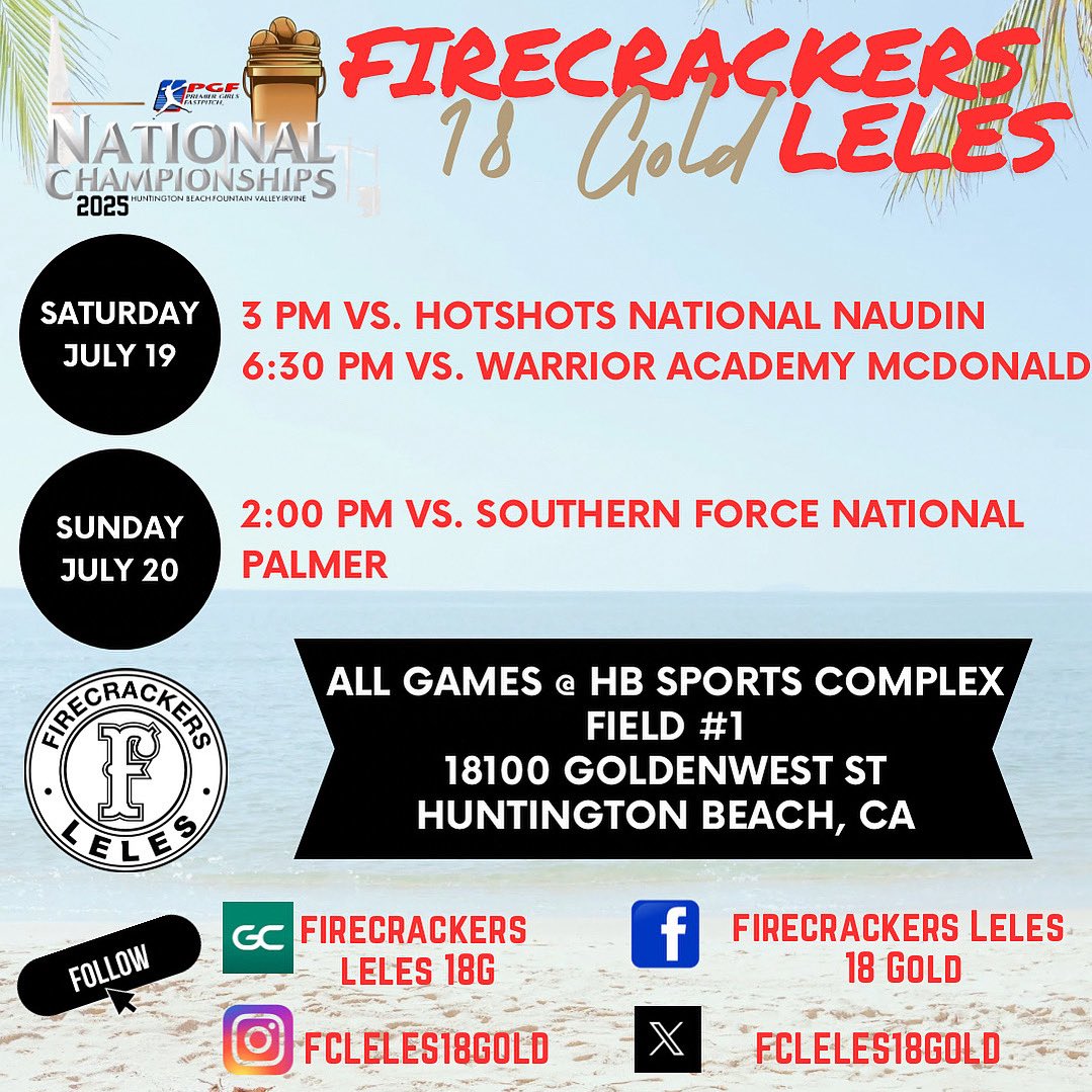 Firecrackers Leles 18 Gold (@fcleles18gold) on Twitter photo SATURDAY GAMEDAY at <a href="/PGFnetwork/">PGF</a> Nationals! 🧨🥎
🗓️ Saturday, 7/19
📍 HB Sports Complex, Field 1
⏰ 3, 6:30 PM <a href="/B_Steele2026/">Brooklyn Steele</a> <a href="/baboosh34_2026/">Brooke Aboosh</a> <a href="/abril_parker08/">Abril Parker</a> <a href="/rileydossey42/">Riley Dossey 2025</a> <a href="/marisabryson15/">Marisa Bryson</a> <a href="/paetynn2025/">Paetynn Snobar 2025</a> <a href="/TeaganHayes2025/">Teagan Hayes 2025</a> <a href="/J_Knutson2025/">Jordan Knutson</a> <a href="/Laubrey2025/">Lauren Aubrey 2025</a> <a href="/clairekrotine02/">Claire Krotine</a> <a href="/abbydavids0n/">Abigail Davidson</a> SATURDAY GAMEDAY at <a href="/PGFnetwork/">PGF</a> Nationals! 🧨🥎
🗓️ Saturday, 7/19
📍 HB Sports Complex, Field 1
⏰ 3, 6:30 PM <a href="/B_Steele2026/">Brooklyn Steele</a> <a href="/baboosh34_2026/">Brooke Aboosh</a> <a href="/abril_parker08/">Abril Parker</a> <a href="/rileydossey42/">Riley Dossey 2025</a> <a href="/marisabryson15/">Marisa Bryson</a> <a href="/paetynn2025/">Paetynn Snobar 2025</a> <a href="/TeaganHayes2025/">Teagan Hayes 2025</a> <a href="/J_Knutson2025/">Jordan Knutson</a> <a href="/Laubrey2025/">Lauren Aubrey 2025</a> <a href="/clairekrotine02/">Claire Krotine</a> <a href="/abbydavids0n/">Abigail Davidson</a>