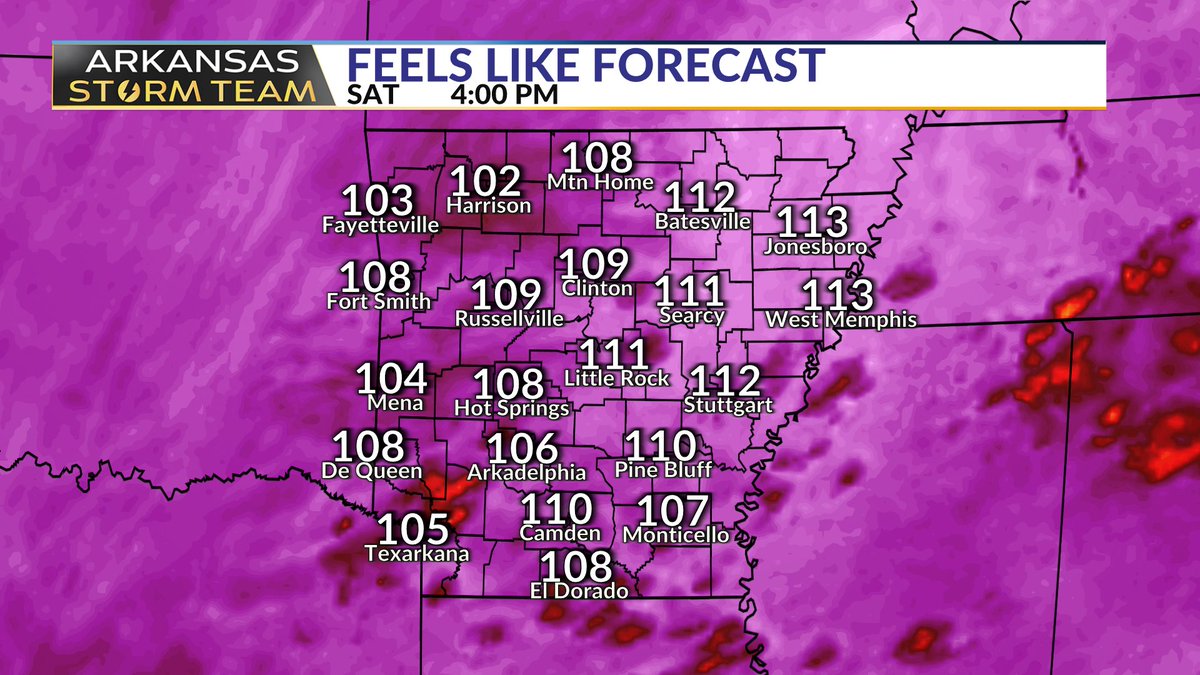 ChrisPipkinWx's tweet image. ⚠️🌡️ Extreme Heat Warnings are back. Heat index could reach between 110–115°F for many once again. Stay hydrated, check on others, and don’t forget the pets! #ARwx #ARStormTeam