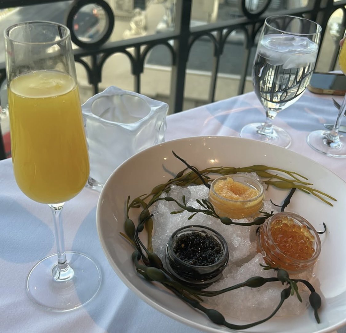 Treating ourselves to brunch at the Eiffel Tower restaurant today. Love some caviar.
