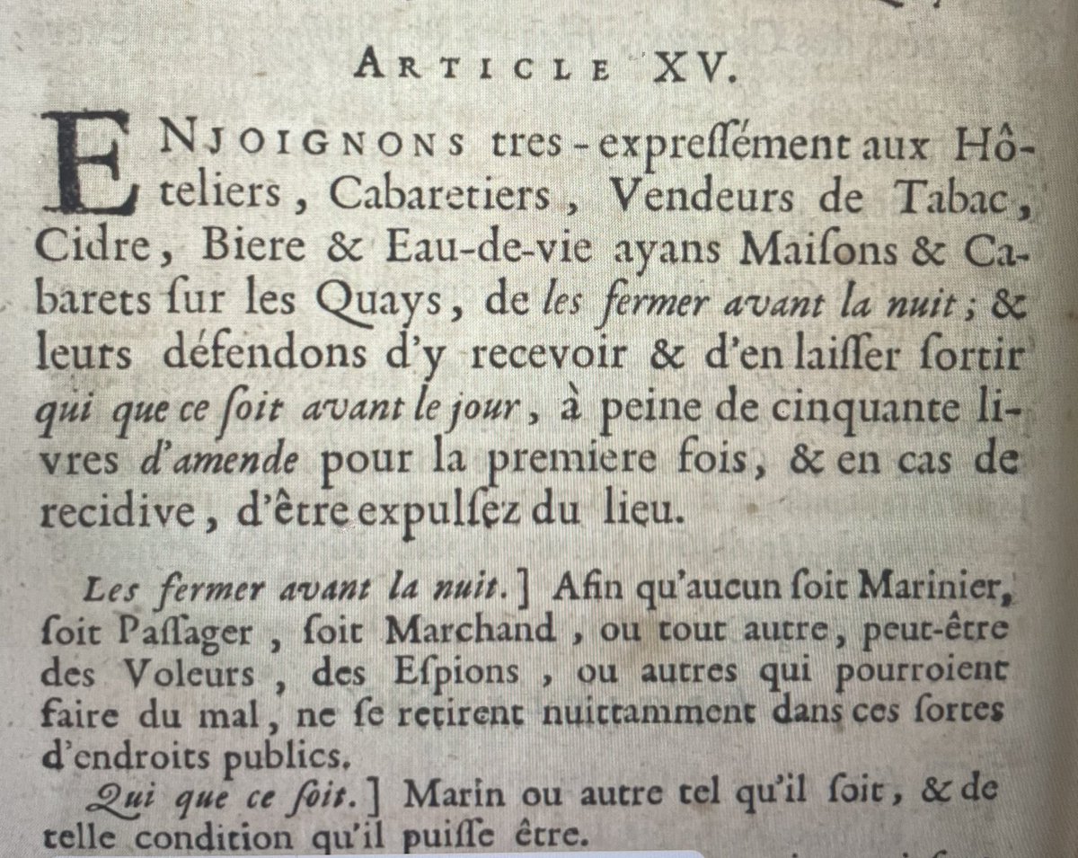 Colbert et les bars de nuit sur les ports. Interdiction d’ouvrir après la nuit, un verre à l’apéro et oust. Source : Ordonnance 1681, livre IV, titre 1, article XV.