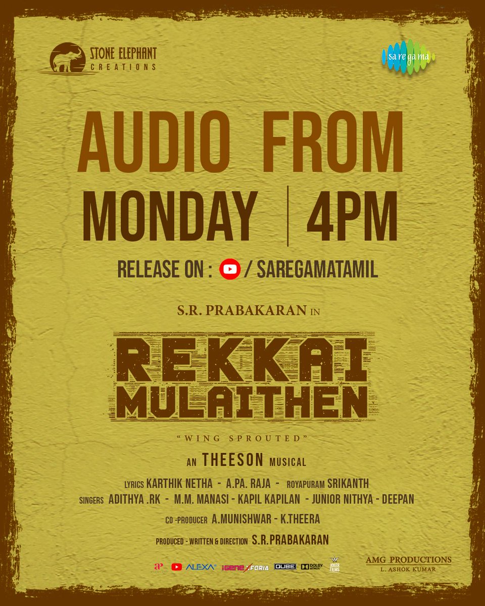 Theeson (@theeson_music) on Twitter photo Stay tuned !!
Audio of the riveting thriller #RekkaiMulaithen, directed by <a href="/directorSRP/">SRPrabakaran_off</a> will be out on July 21st 🎶
#WorldwideReleaseinAugust
<a href="/actortanya/">Tanya S Ravichandran</a> <a href="/dharankumar_c/">Dharan kumar</a> <a href="/biju_v_donbosco/">Biju V Don Bosco</a> <a href="/Visakanganesh/">Ganesh santhanam</a> <a href="/Theeson_Music/">Theeson</a>
<a href="/iamactor_theera/">K Theera</a> #StoneElephantCreations <a href="/saregamasouth/">Saregama South</a> Stay tuned !!
Audio of the riveting thriller #RekkaiMulaithen, directed by <a href="/directorSRP/">SRPrabakaran_off</a> will be out on July 21st 🎶
#WorldwideReleaseinAugust
<a href="/actortanya/">Tanya S Ravichandran</a> <a href="/dharankumar_c/">Dharan kumar</a> <a href="/biju_v_donbosco/">Biju V Don Bosco</a> <a href="/Visakanganesh/">Ganesh santhanam</a> <a href="/Theeson_Music/">Theeson</a>
<a href="/iamactor_theera/">K Theera</a> #StoneElephantCreations <a href="/saregamasouth/">Saregama South</a>