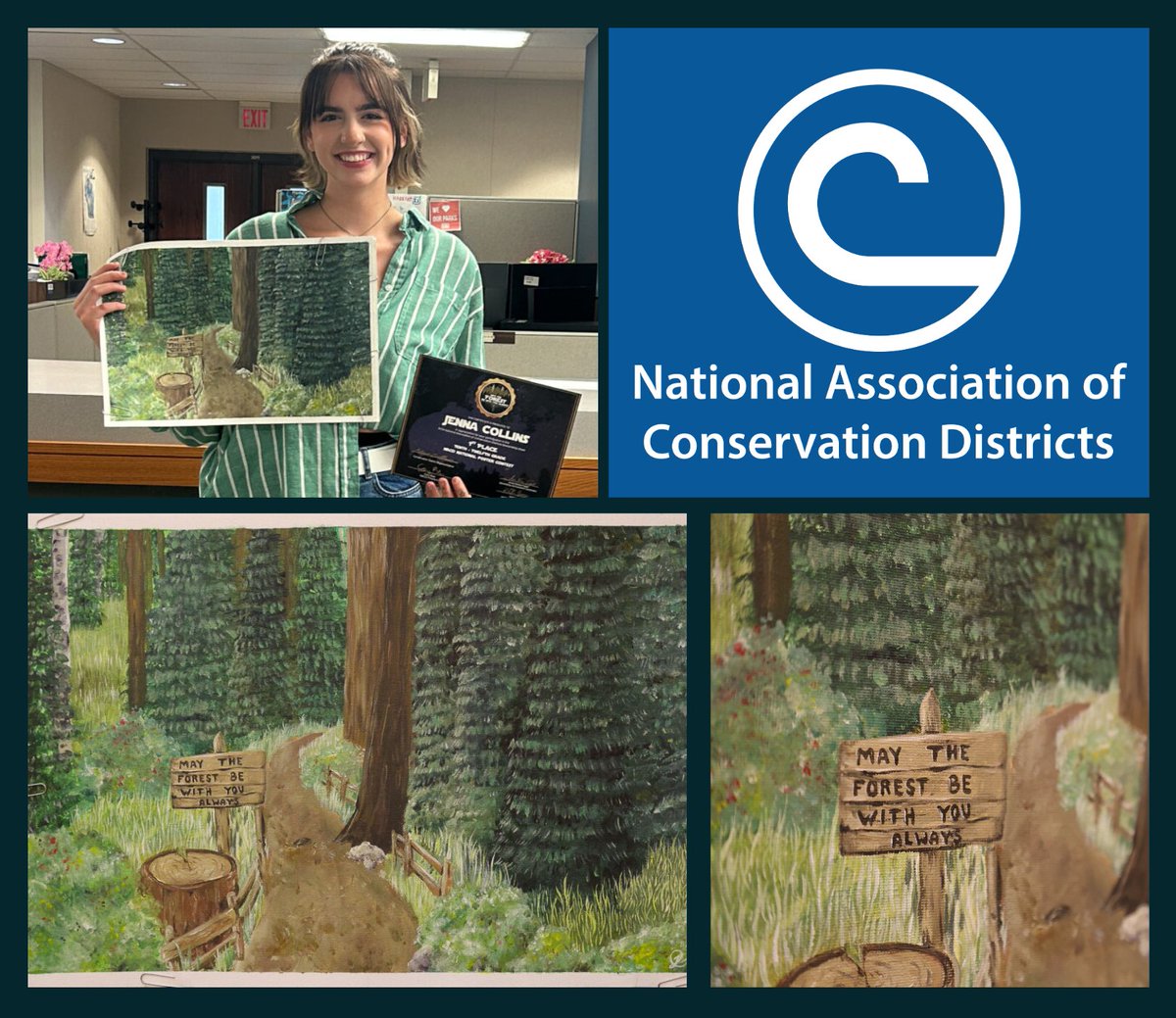 WashCoWisco's tweet image. 🥇Congratulations to local student Jenna Collins who earned 1st place -Grades 10-12 Division for the National Poster Contest for the 2024 National Association of Conservation Districts. 🎨 She perfectly captured this year's theme, "May the Forest Be With You, Always!" 🌲🌲🌳