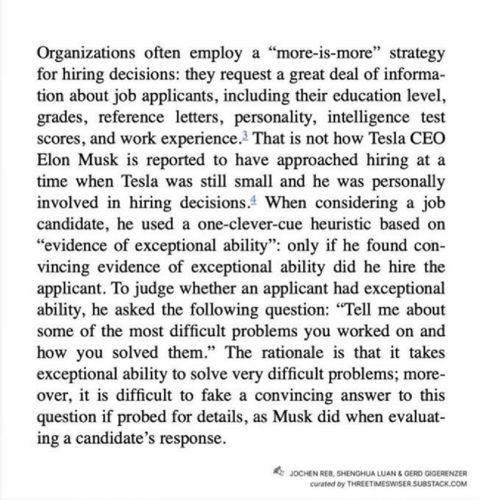 philrosenn's tweet image. The question Elon Musk asks in interviews: "Tell me about some of the most difficult problems you worked on and how you solved them."
(h/t @zfellows)