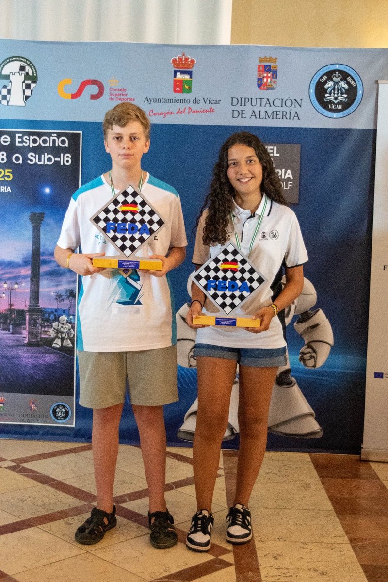 echaguen's tweet image. Martín Krauchi (Baleares) y Adriana García (Canarias) campeones de España sub 14 en Vícar (Almería).Esther Prieto de Extremadura fue subcampeona con los mismos puntos que Adriana.Gran éxito del ajedrez balear pues Pau Marín ganó la plata. ⁦⁦@AjedrezEspanola⁩ #Vicar