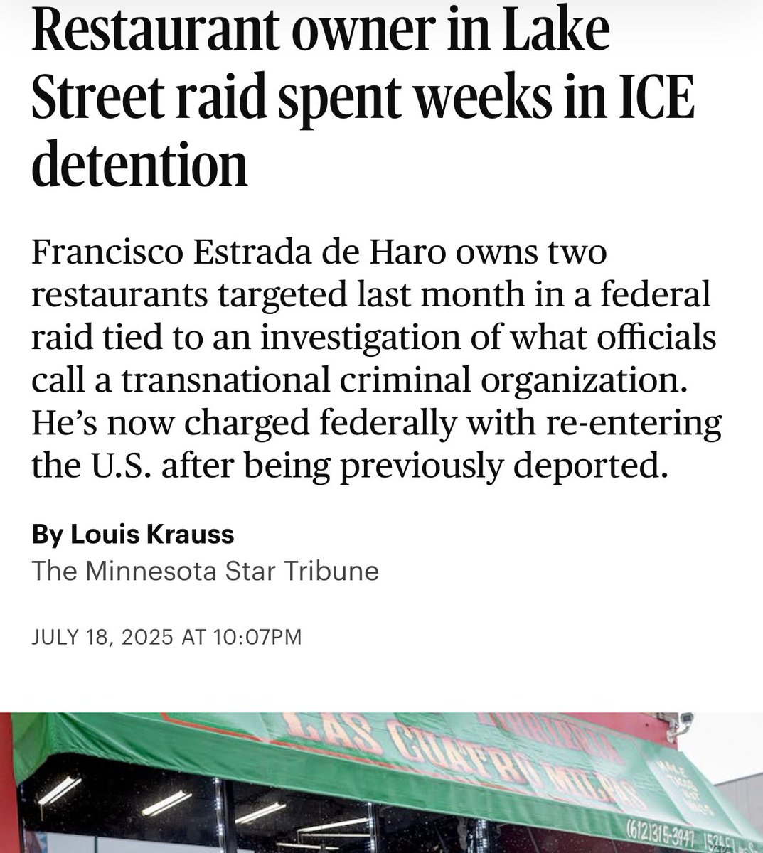 NortonMpls's tweet image. Mayor Frey and his supporters said talking about ICE presence at the Lake St raid was “misinformation” but it turns out ICE detained the restaurant owner.
Frey’s talk about standing up to the Trump Admin is bullshit, he’s a feckless leader with no plan.
startribune.com/restaurant-own…