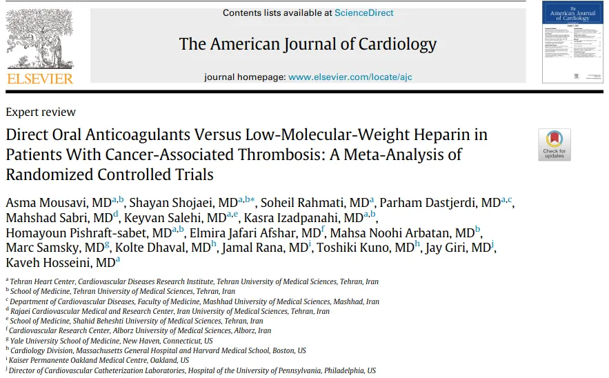 JamalRanaMD's tweet photo. Our #metanalysis published, led by Dr. Mousavi & Dr. Hosseini in #AmericanJournalCardiology. It demonstrated the efficacy of #DOACs as first-line treatment for patients diagnosed with cancer associated thrombosis. #CardioOnc https://t.co/3cXn1LYbjn