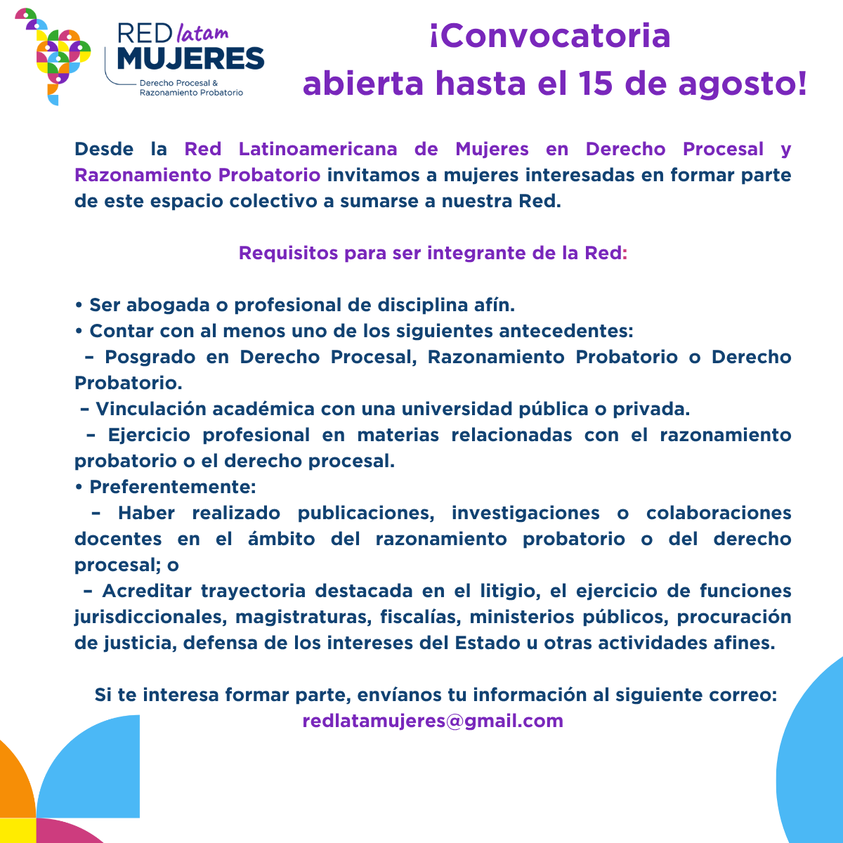 RedMujeresDPRP (@redmujeresdprp) on Twitter photo 🟣 ¿Te gustaría ser parte de la Red?
¡Aún estás a tiempo!
Tienes hasta el 15 de agosto para postularte: redlatamujeres@gmail.com 🟣 ¿Te gustaría ser parte de la Red?
¡Aún estás a tiempo!
Tienes hasta el 15 de agosto para postularte: redlatamujeres@gmail.com