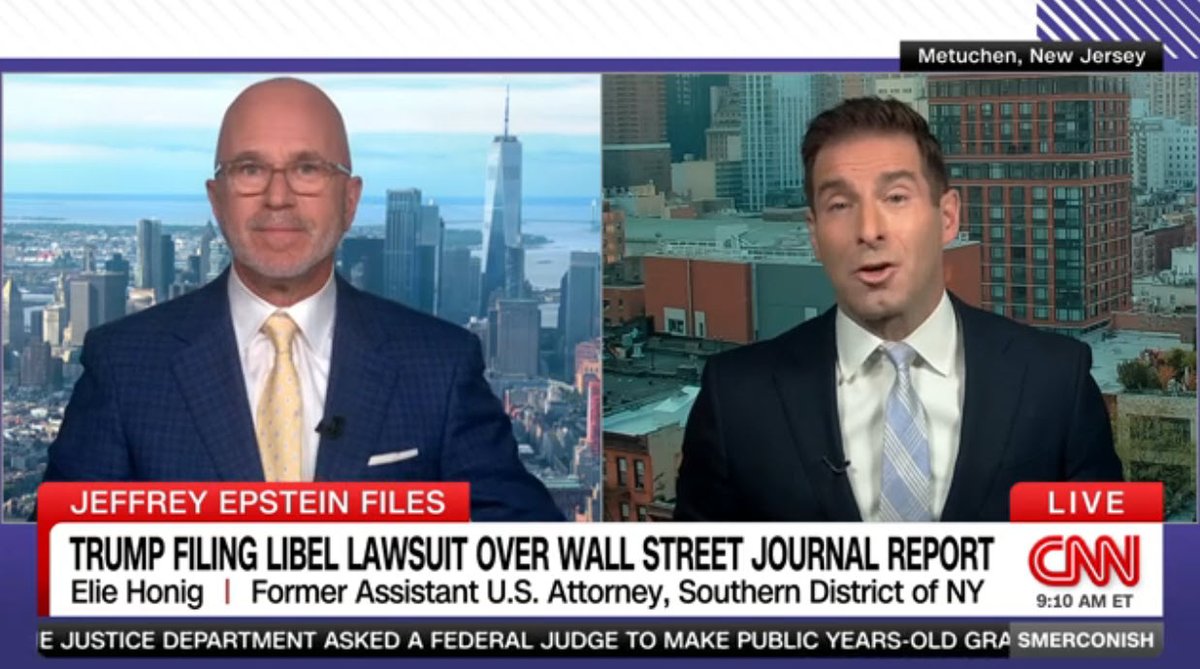 Porter Anderson (@porter_anderson) on Twitter photo Media: @ElieHonig to @Smerconish says that there's a 100-percent chance that #Trump will be deposed as part of his lawsuit of the <a href="/WSJ/">The Wall Street Journal</a>.
"I know Donald Trump has a long history of getting involved in civil suits and even criminal cases and saying he's going to testify, but then Media: @ElieHonig to @Smerconish says that there's a 100-percent chance that #Trump will be deposed as part of his lawsuit of the <a href="/WSJ/">The Wall Street Journal</a>.
"I know Donald Trump has a long history of getting involved in civil suits and even criminal cases and saying he's going to testify, but then