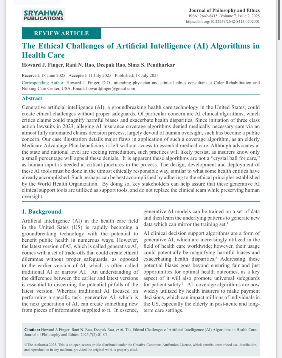 SimaPendharkar's tweet image. Thank you to the team for allowing me to be a part of this important paper and discussion! When #ai is questionable …. share your thoughts retweet and hopefully we can get policy changes in order  to protect #patients !  #care #equity