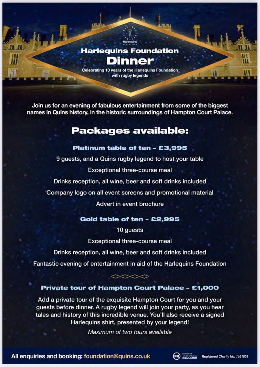 Don’t miss <a href="/quinsfoundation/">The Harlequins Foundation</a> dinner 13th November 630pm. 

Bookings at foundations@quins.co.uk