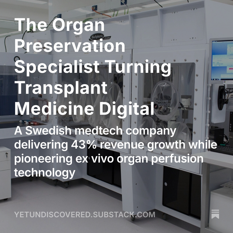 yetundiscovered's tweet image. 🔥NEW DEEP DIVE IS OUT!
A Swedish medtech company that became a leader in ex vivo organ perfusion.
- Revenue grew from SEK 180M to SEK 855M in 4 years (43% CAGR)
- Achieving 75% gross margins with strong 16% net margins
- Debt-free balance sheet funding global expansion in…