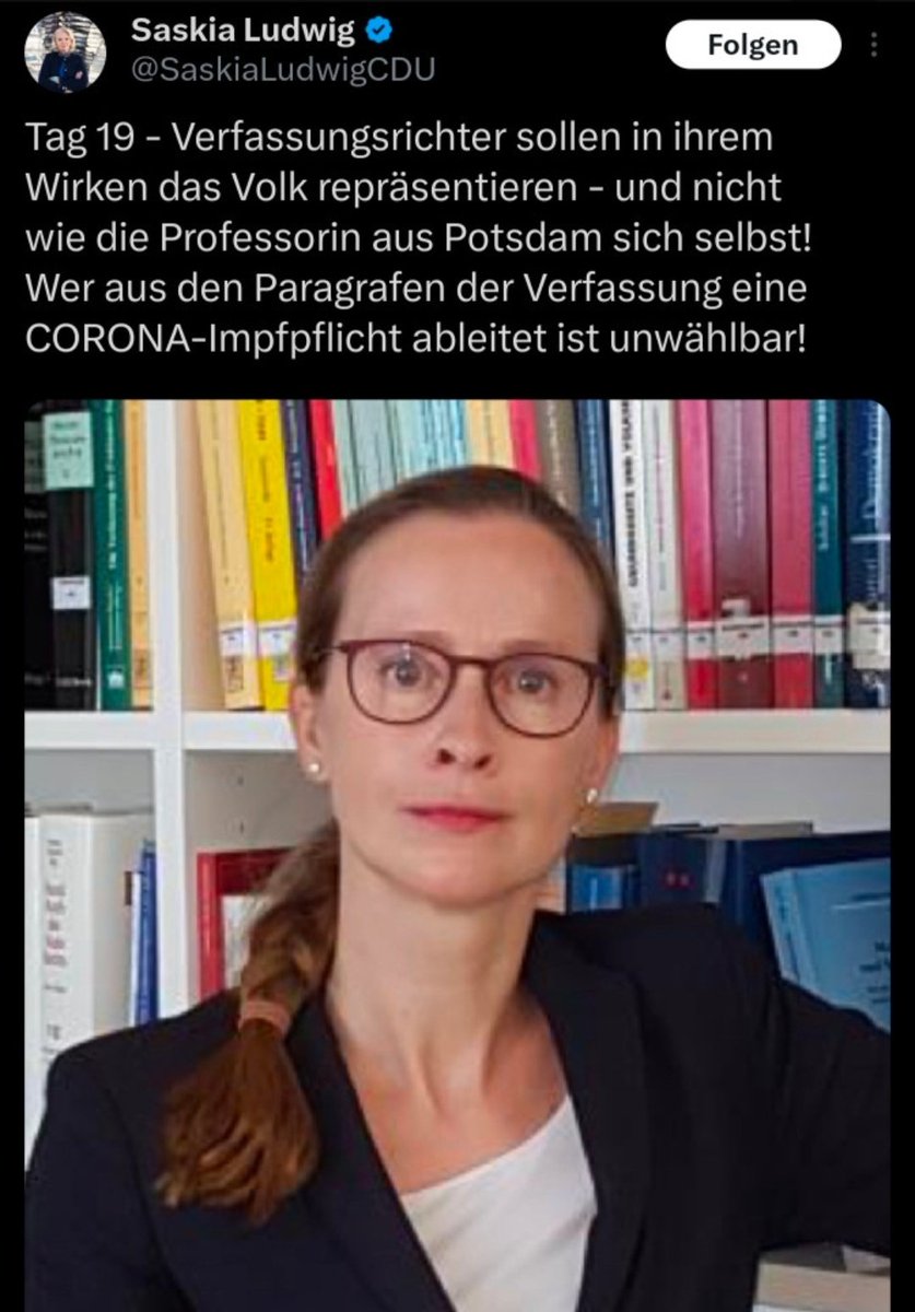 Saskia Ludwig CDU erklärt Recht 🤡

"Verfassungsrichter sollen das Volk repräsentieren"

ich kann nimmer 🙈

Verfassungsrichter:innen vertreten nicht das Volk, sondern das Recht.

Und unser GG verwendet keine Paragraphen sondern Artikel

Bitte Gerne