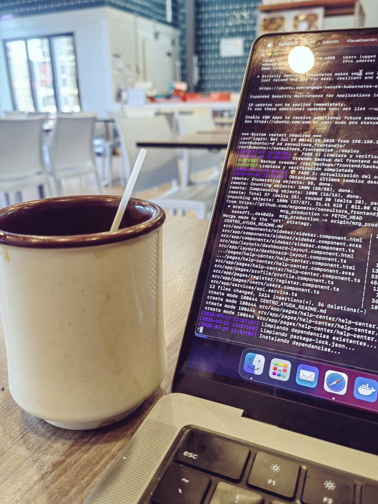 ☕💻 *Combustible y código*: nada como una buena taza de café para acompañar ese deploy a producción. El teclado suena, las ramas se fusionan, y cada línea toma vida en el servidor. Mientras tanto, el aroma del café me recuerda que aún soy humano entre tanta lógica.