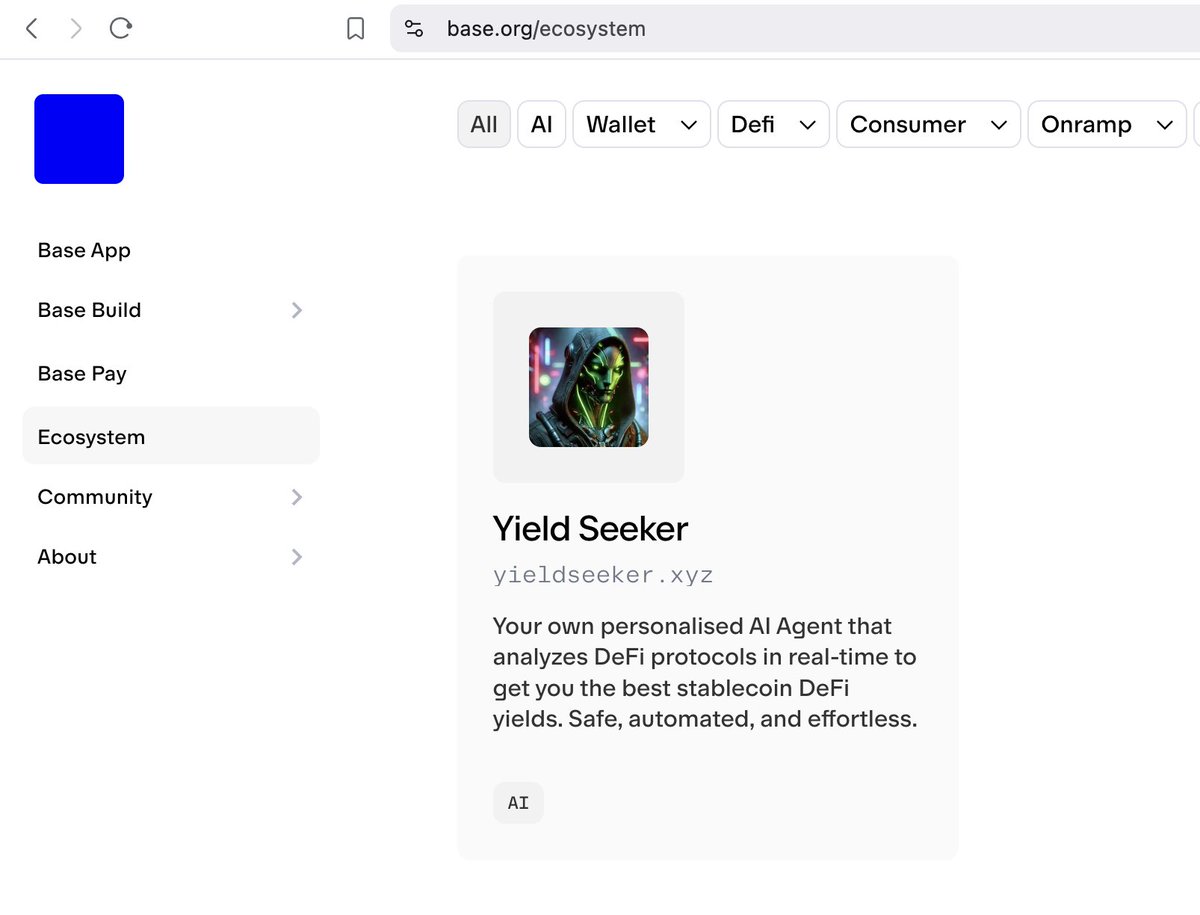 afoxinweb3's tweet image. With the new @baseapp you can now find @yieldseekerxyz on their ecosystem page!
We're steady building one of the best apps/agents in the @base ecosystem
Join us and create your own personal agent that makes you money while you sleep! 🤖💸
