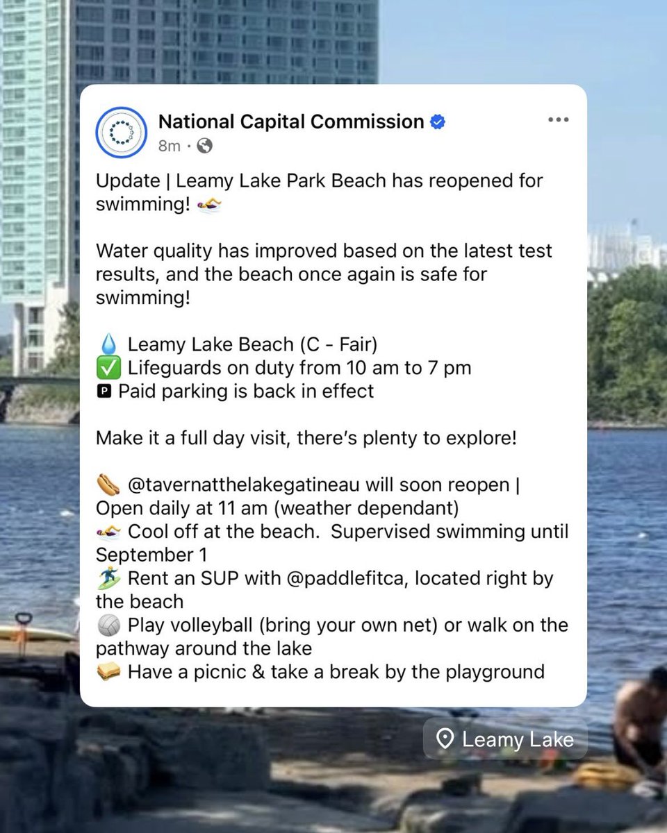 NCC_CCN's tweet image. Update | Leamy Lake Park Beach has reopened for swimming! 🏊‍♀️ 

Water quality has improved based on the latest test results, and the beach once again is safe for swimming!

💧 C - Fair
✅ Lifeguards 10 am to 7 pm
🅿 Paid parking

Learn more: ncc-ccn.gc.ca/places/leamy-l…