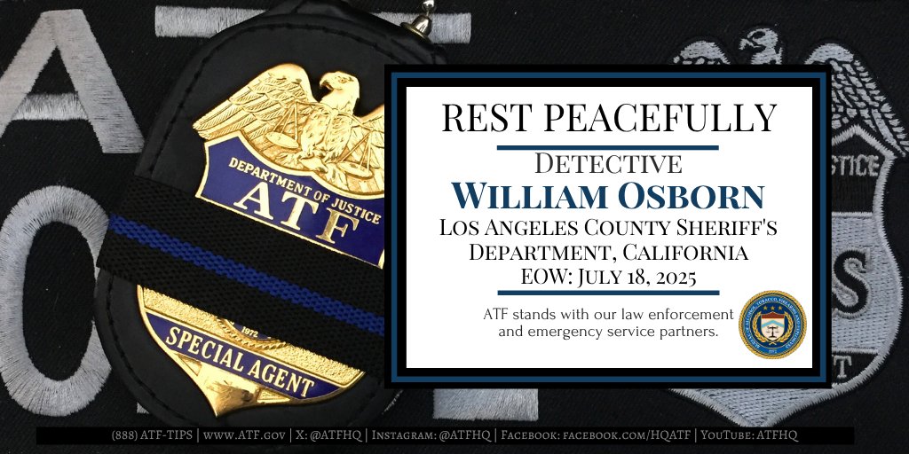 Our deep sympathies are with <a href="/LASDHQ/">LA County Sheriffs</a> and the family and friends of Detective William Osborn, who was killed in an explosion at the training center. Detective Osborn served with the department for 33 years. He is survived by his wife and six children. #LODD #EOW <a href="/LosAngelesATF/">ATF Los Angeles</a>