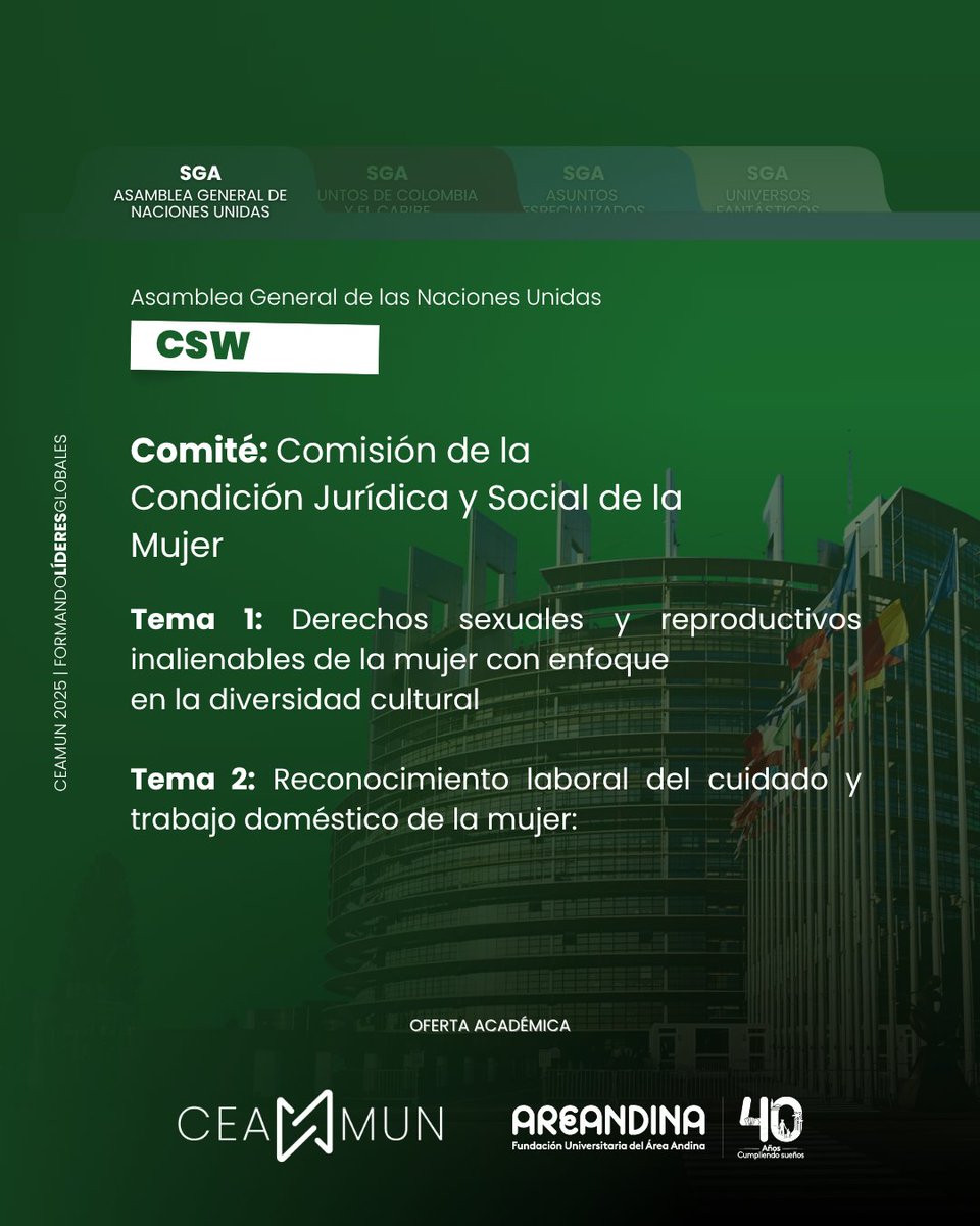 CEA_MUN_'s tweet photo. 🌍 ¡Llega la Asamblea General en CEAMUN 2025!
Debates clave: seguridad, género y derechos humanos.
🔸 DISEC: armas nucleares y drones.
🔸 UNSC: Palestina-Israel e Indo-Pakistán.
🔸 CSW: justicia de género y trabajo de cuidado.

🗣️ ¡Tu voz importa! #FormandoLíderesGlobales https://t.co/scNMY0nNJi