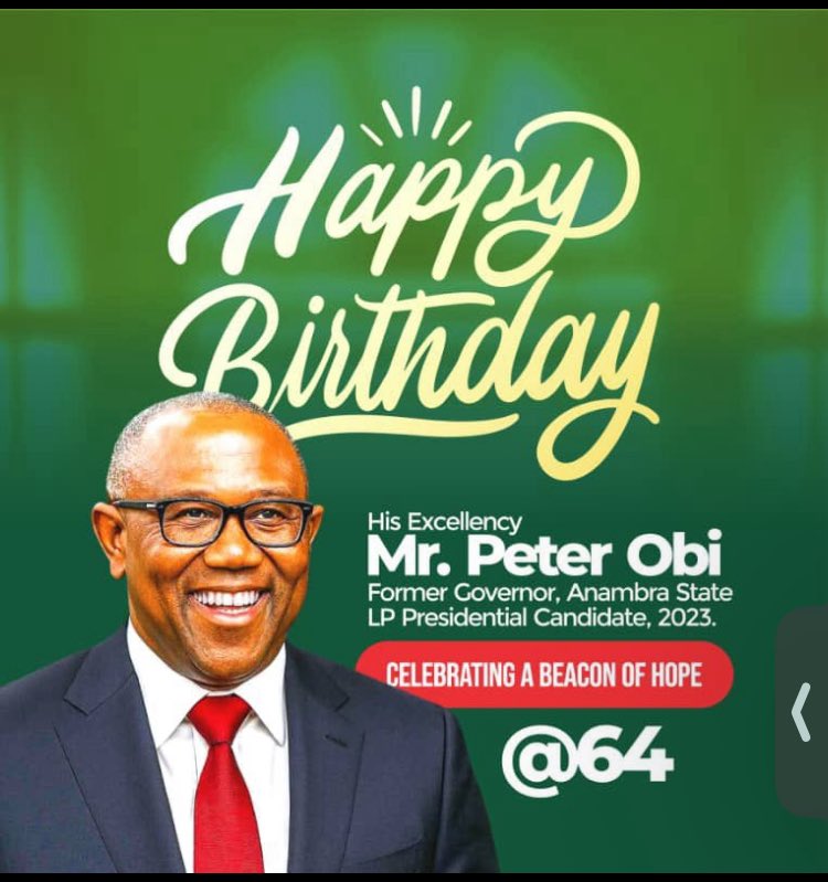 Happy birthday 🎉🎂 your Excellency <a href="/PeterObi/">Peter Obi</a>. You are the light and hope of the nation in the midst of despair and misrule.