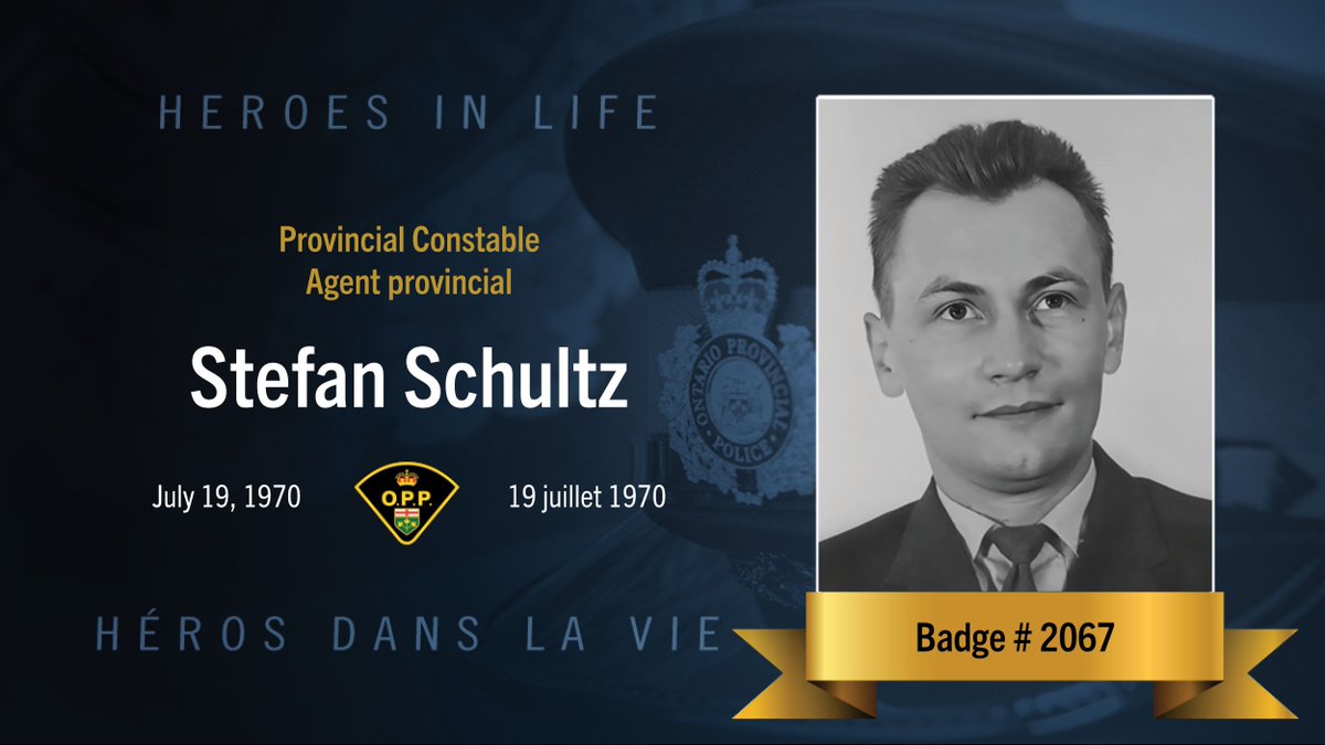 OPPCommissioner's tweet image. On July 19, 1970, OPP Constable Stefan Schultz was killed in the line of duty. His life and sacrifice will always be remembered. #HeroesInLife
-
Le 19 juillet 1970, l’agent provincial Stefan Schultz de la Police provinciale de l’Ontario a été tué dans l'exercice de ses fonctions.…