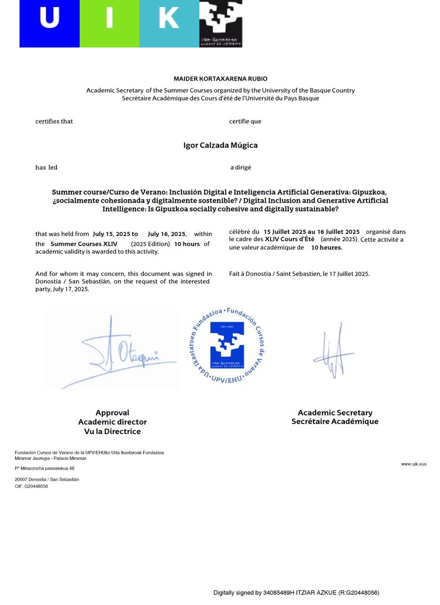 📢 Honoured to have served as #ScientificDirector of the <a href="/uik_eus/">UIK</a> (internationl) #SummerSchool:

#DigitalInclusion &amp; #GenAI

📍 Donostia, 15–16 July 2025

A critical space for dialogue on digital rights, tech sovereignty &amp; GenAI.

🔗 #OpenAccess keynote: zenodo.org/records/158735…