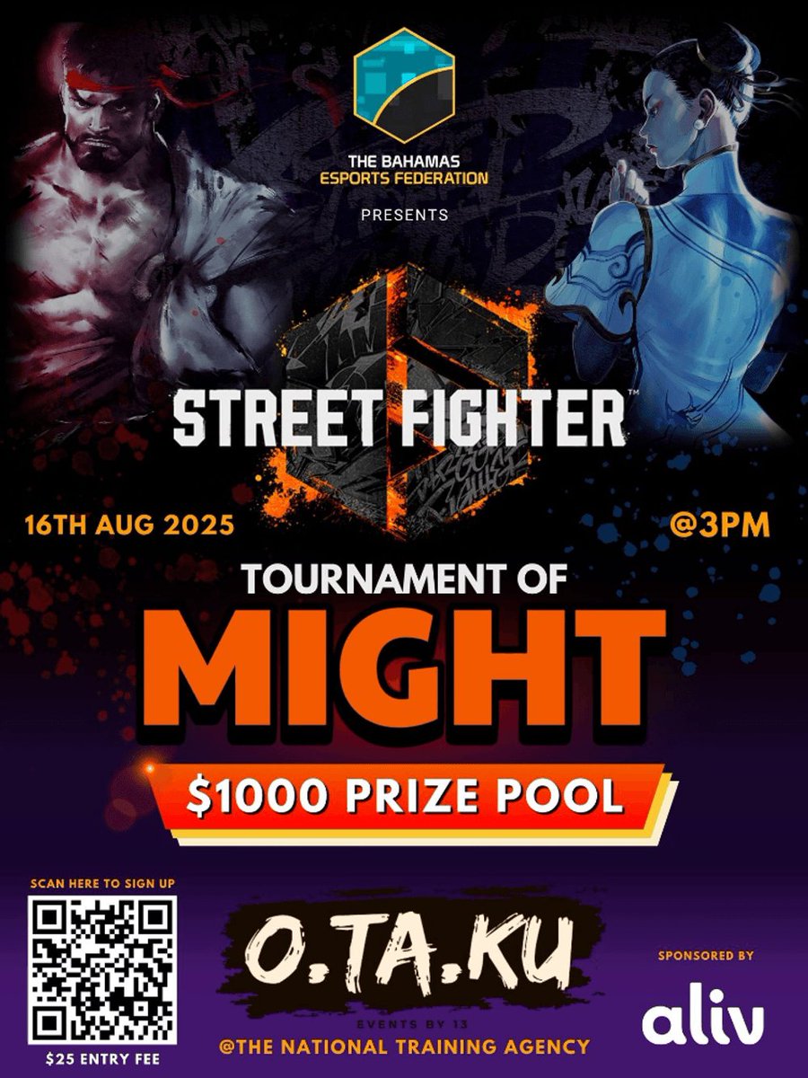 The Bahamas Esports Federation presents the Tournament of Might – Street Fighter VI.
August 16 at 3PM, National Training Agency.

$1000 prize pool. $25 entry.

Register now and prove your strength.
#Bahamas #Esports #StreetFighter