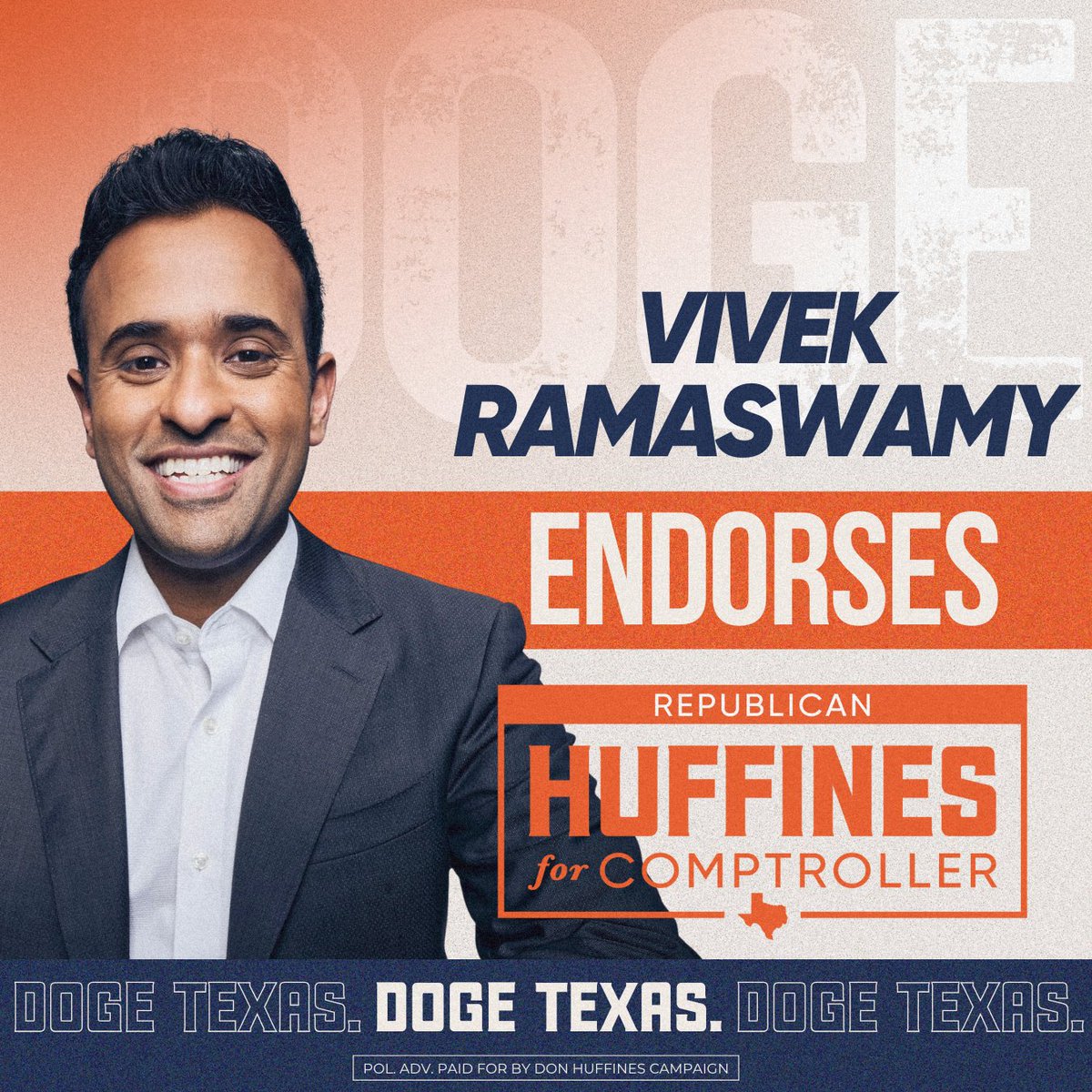 TeamHuffines's tweet image. ICYMI: Don Huffines is grateful for the endorsement of Vivek Ramaswamy—a true fighter for liberty, limited government, and financial transparency.
Vivek knows @DonHuffines will bring discipline and accountability to the Comptroller’s Office.
Let’s DOGE Texas.