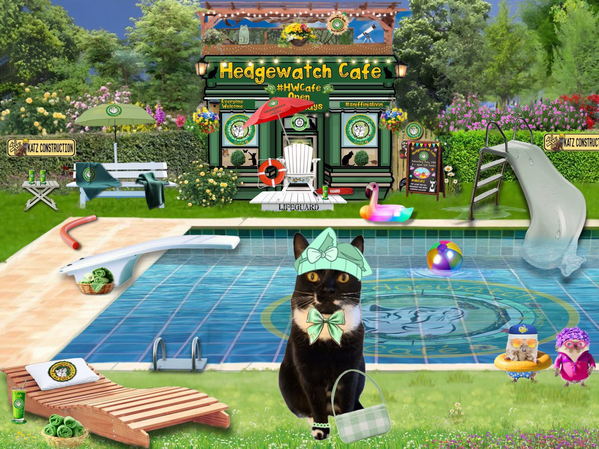 Hi furriends, at the #HWCafe  looking forward to a relaxing day of noms, natter and pool time. Oooh  the  water is so inviting.