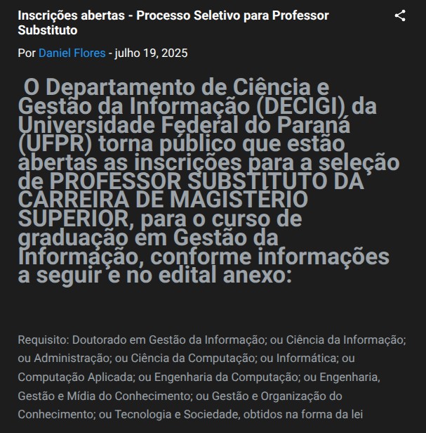 Abertas as inscrições para a seleção de PROFESSOR SUBSTITUTO DA CARREIRA DE MAGISTÉRIO SUPERIOR, para o curso de graduação em Gestão da Informação, conforme informações a seguir:

…tosarquivisticosdigitais.blogspot.com/2025/07/inscri…