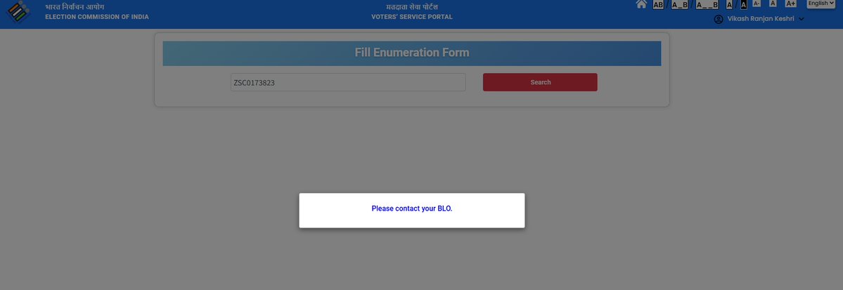 docVRK's tweet image. Dear @ECISVEEP @SpokespersonECI
FOR SIR in #BiharVoters, your online system is not working
asking to contact BLO, who is not traceable
Please advice