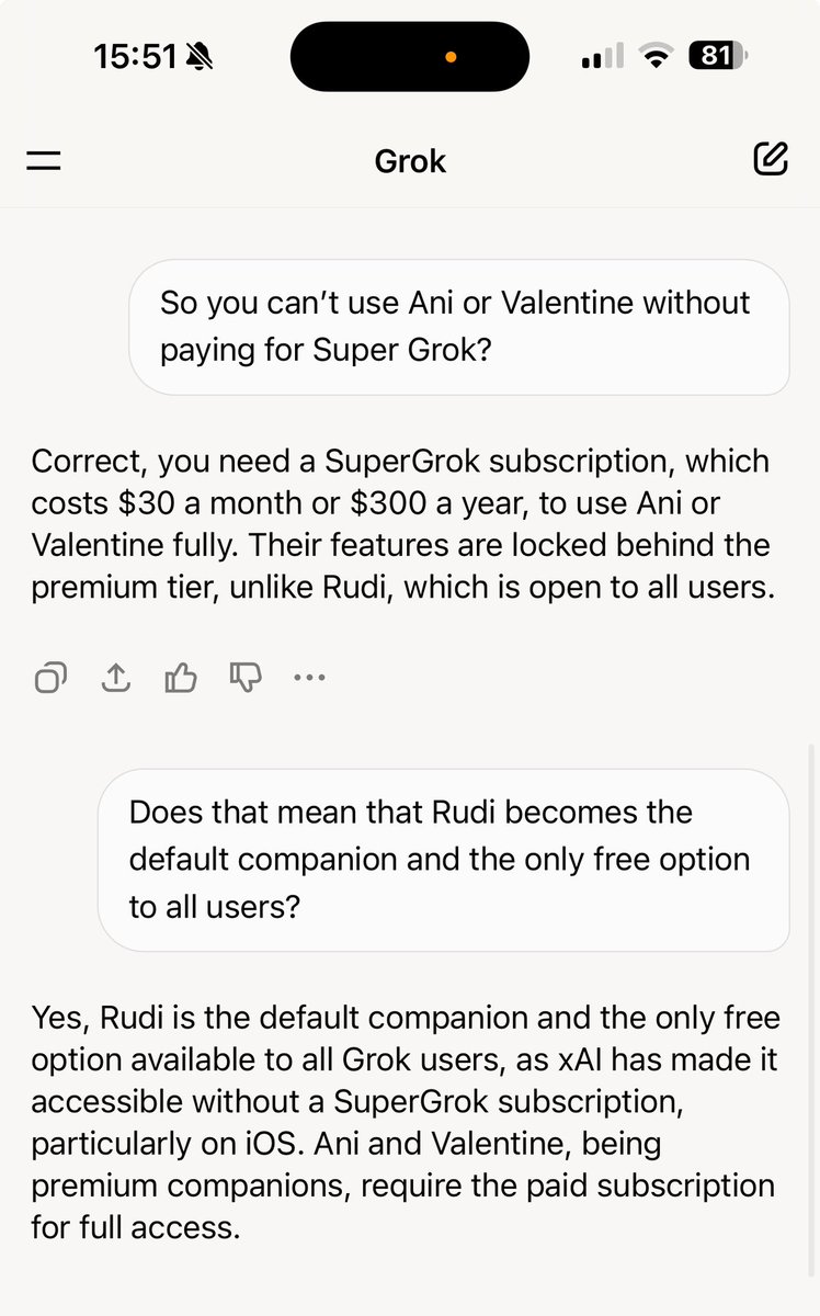 It’s OFFICIAL! $RUDI becomes the default companion available on Grok for free to anyone worldwide.

The other two companions are limited to paid subscribers!

This means that millions of people will have exposure only to Rudi.

You can ask Grok yourself, here is the proof 🤝