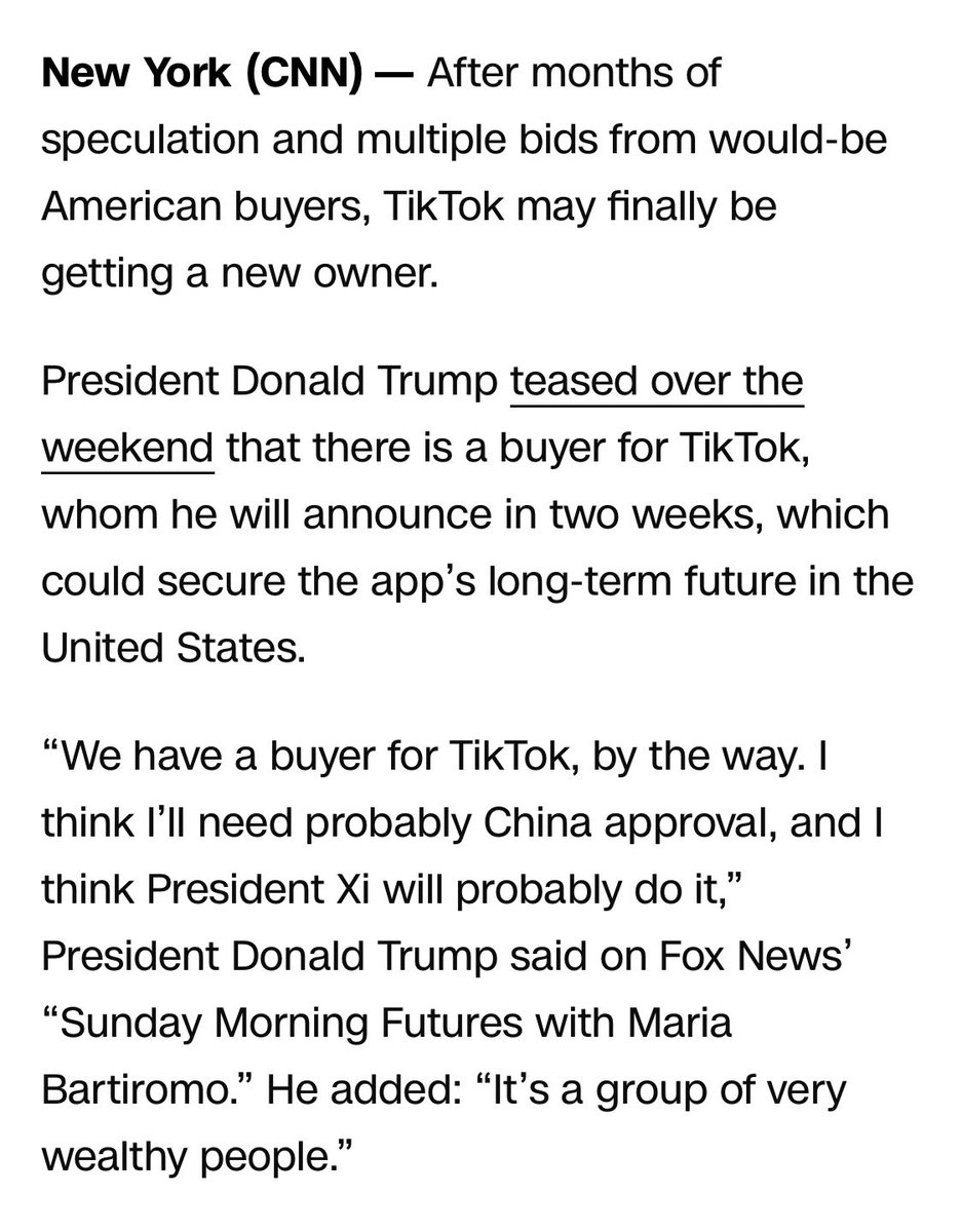 On June 29th Trump said that he has a buyer for Tic Tok. His standard response in 2 weeks. Been over 2 weeks now. Pls don’t tell me you were lying again.