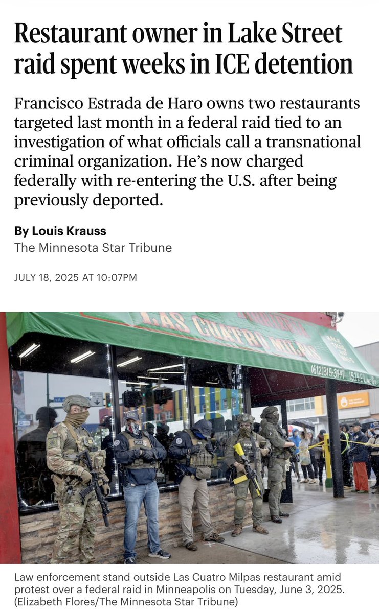 lizcollin's tweet image. The @StarTribune first attempts a sob story for this “restaurant owner.”
Left out of their first story? That he’d been removed from the country 3 times, was charged with assault, drug possession, fleeing police, DWI, etc.