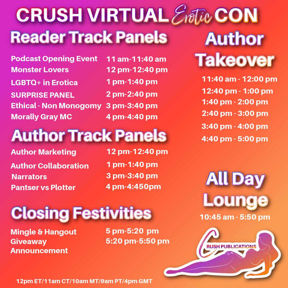 crushpub's tweet image. Are you ready for ALL DAY FUN!?
Look at all of the panels and goodies we have in store for you!
10 panels, 6 author takeovers, and SO MANY GIVEAWAY'S!!!
Snag your reserved spot now because we're only a week away!
twp.ai/4ipY5R