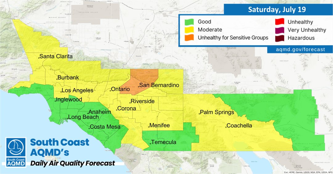 SouthCoastAQMD's tweet image. Air Quality Forecast (Saturday, July 19th): aqmd.gov/forecast
🏖 Coastal: Good
🏙 LA: Good -to- Moderate
🌅 OC: Good
🌄 Inland Empire: Good -to- Unhealthy for Sensitive Groups
🌴 Coachella Valley: Moderate
View our Real Time #AQI Map: aqmd.gov/aqimap