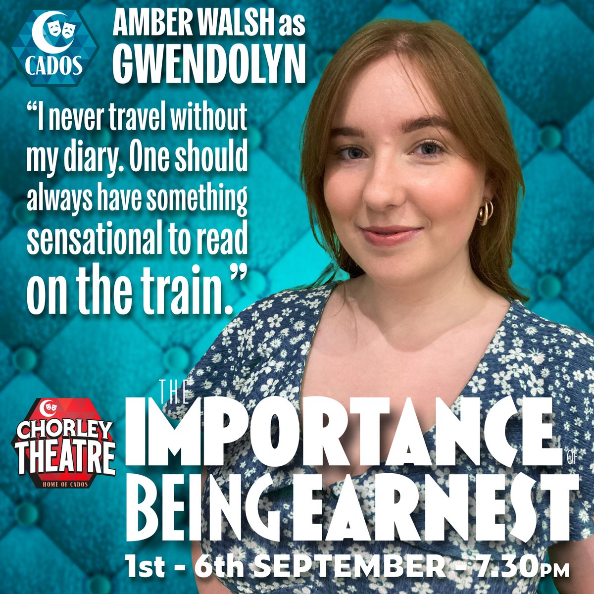 ChorleyTheatre's tweet image. As Gwendolyn Fairfax, Amber Walsh is an unassailable authority on matters of taste and morality. Oscar Wilde's classic comedy on stage from 1st September.
ticketsource.co.uk/chorleytheatre…