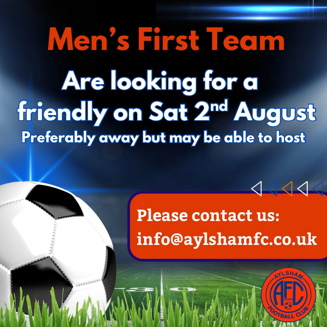 aylsham_fc's tweet image. LOOKING FOR A FRIENDLY 👀
The Men’s First team are looking for an away friendly on Saturday 2nd August.
If any teams interested either send us a message or email : info@aylshamfc.co.uk