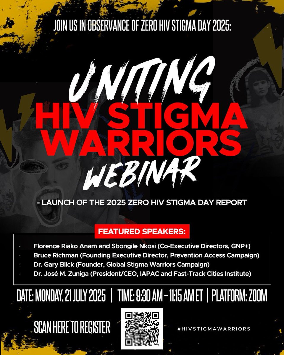 0HIVStigmaDay's tweet image. Dear @SA_AIDSCOUNCIL:
Join us July 21st for the release of the #ZeroHIVStigmaDay report.
🗓️ Date: Monday, 21 July 2025
🕒 Time: 9:30 am – 11:15 am ET
Register Here:
zoom.us/webinar/regist…
#HIVStigmaWarriors
ZeroHIVStigma.org