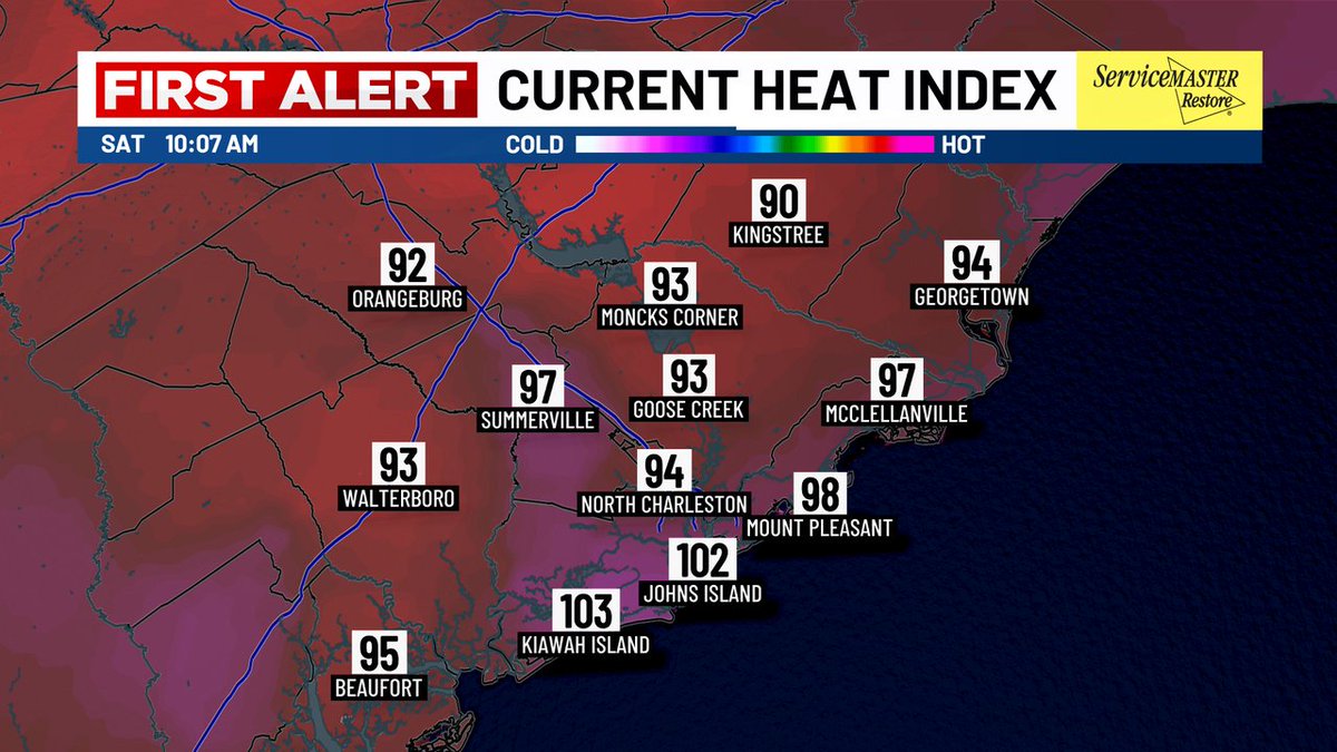 ChrisHoltzmanWx's tweet image. The heat index has surpassed 100 degrees along the coast and it's only 10:00! Temperatures will soar into the mid to upper 90s this afternoon and the heat index will approach if not exceed 108 degrees. A Heat Advisory remains in effect through the evening.
