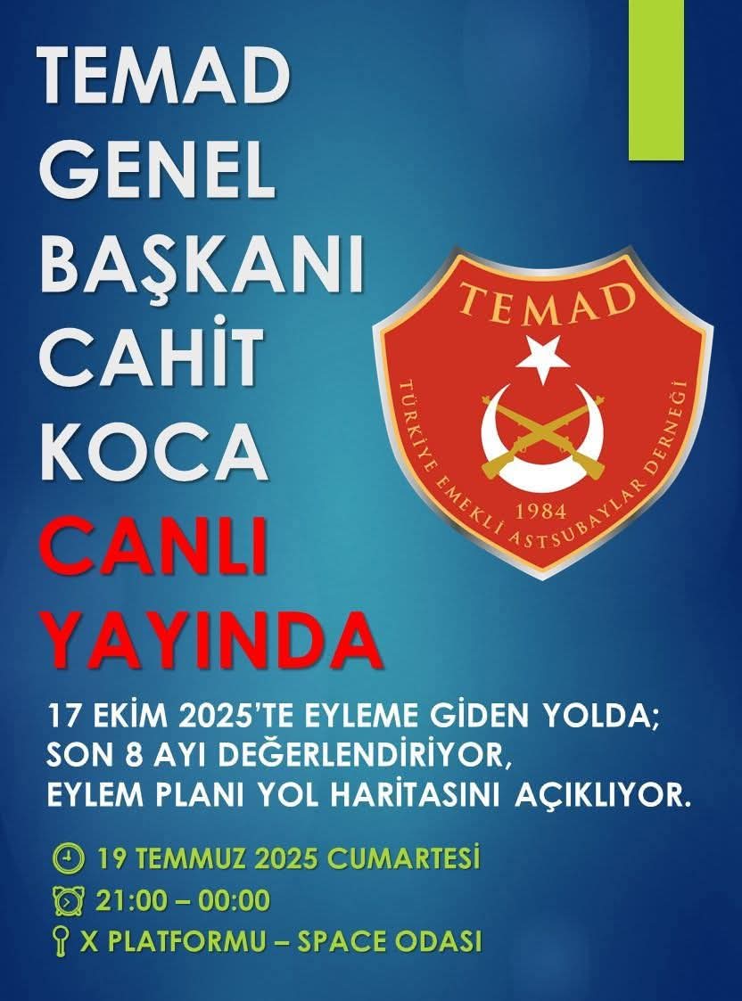TEMAD “Astsubay Hak Mücadelesi Seferliği” başlattı. Mücadele takvimimiz belli, irademiz net!

19 Temmuz – Bilgilendirme
1 Ağustos – Şube Buluşmaları
17 Ağustos – Kent Eylemleri
15 Eylül – Aile Yürüyüşleri
17 Ekim – Ankara Büyük Mitingi

#temadmeydanlarainiyor
