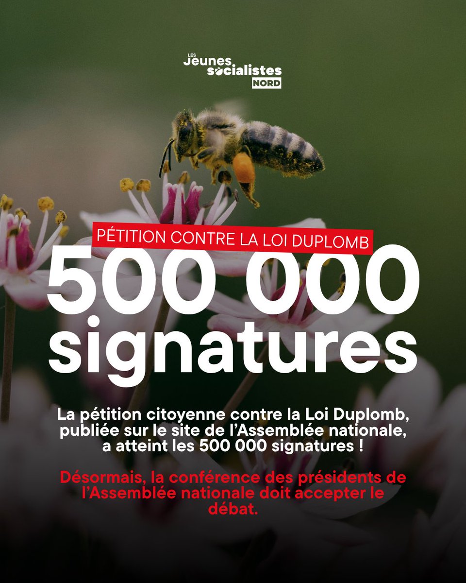 🔴 La pétition citoyenne contre la Loi Duplomb, publiée sur le site de l’Assemblée nationale, a atteint les 500 000 signatures !

Désormais, la conférence des présidents de l’Assemblée nationale doit accepter ce débat.

C'est une question de bon sens et de démocratie !