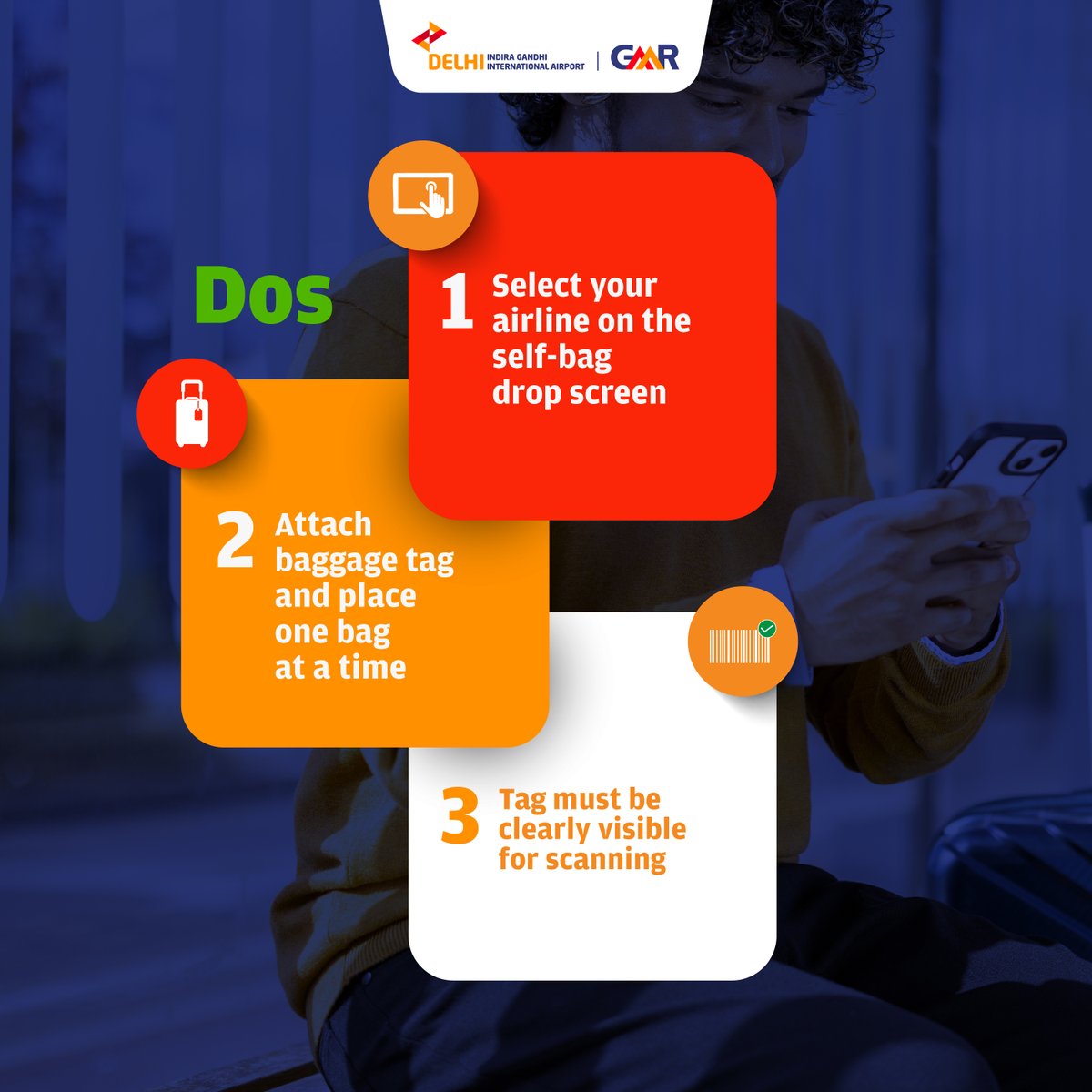 DelhiAirport's tweet photo. 🧳Using Self-Baggage Drop at Delhi Airport?
Here are the quick Dos ✅ & Don'ts ❌ to breeze through!
#DelhiAirport #SelfBaggageDrop #AirportFacility #SmartFly https://t.co/iX7bh4SLZJ