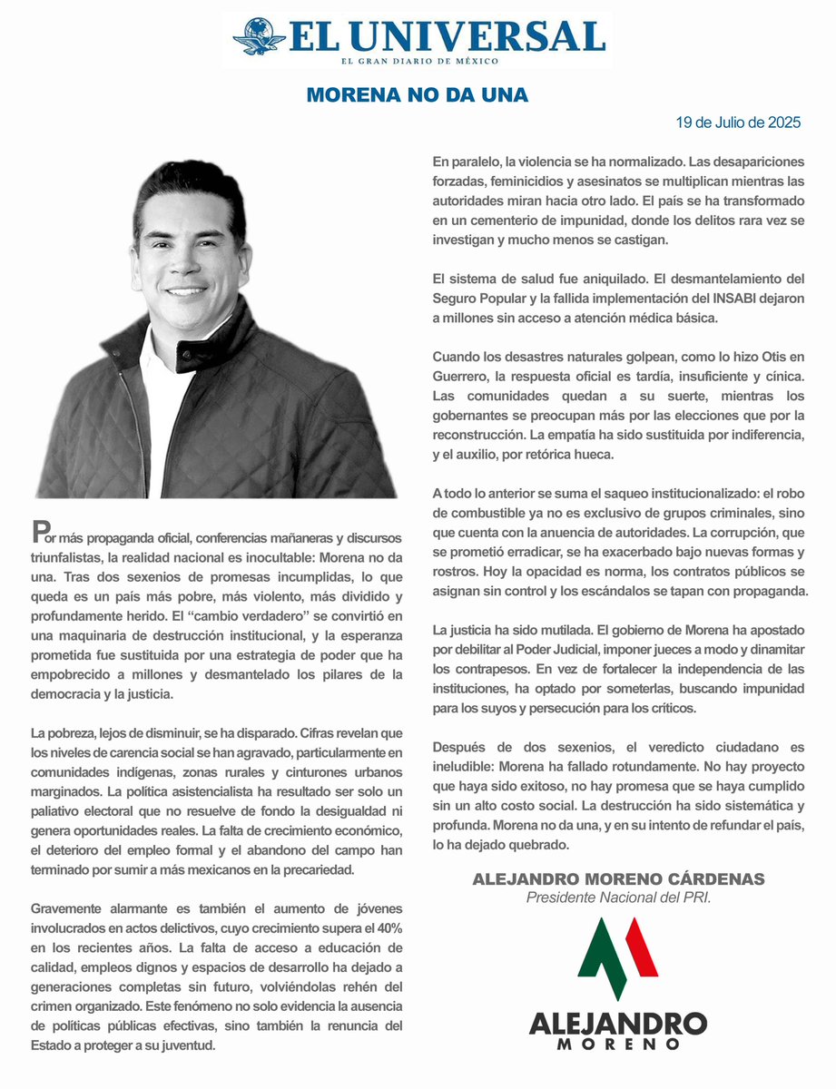 alitomorenoc's tweet image. Después de dos sexenios, el veredicto ciudadano es ineludible: Morena ha fallado rotundamente. No hay proyecto que haya sido exitoso, no hay promesa que se haya cumplido sin un alto costo social. La destrucción ha sido sistemática y profunda. Morena no da una, y en su intento de…
