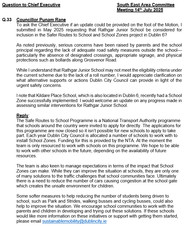 Cllr. Punam Rane-Fine Gael (@punamranefg) on Twitter photo 🚸 Concerned for the safety of children at Rathgar Junior School, Grosvenor Rd.
For over five years, parents and staff at <a href="/RathgarS/">Rathgar Junior School</a> have been raising serious concerns about the lack of safe road infrastructure outside the school on Grosvenor Road, Dublin 6 – including the 🚸 Concerned for the safety of children at Rathgar Junior School, Grosvenor Rd.
For over five years, parents and staff at <a href="/RathgarS/">Rathgar Junior School</a> have been raising serious concerns about the lack of safe road infrastructure outside the school on Grosvenor Road, Dublin 6 – including the