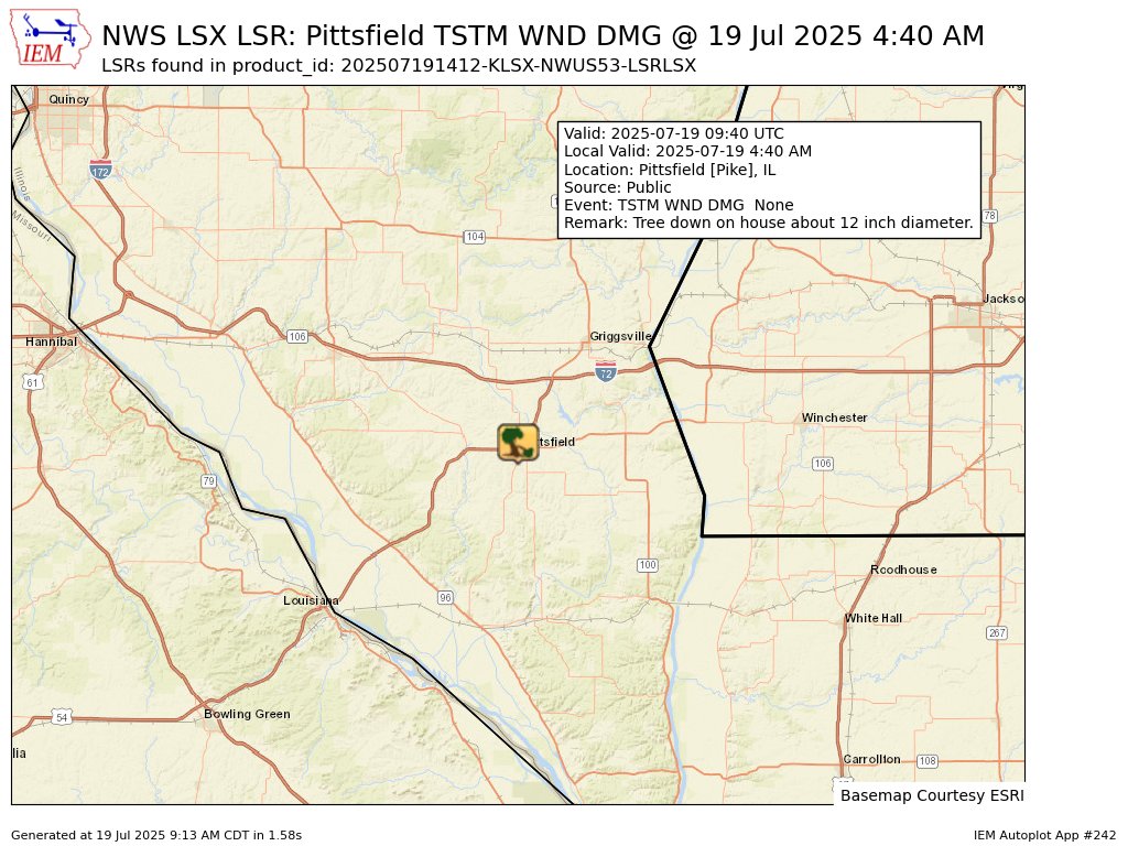 At 4:40 AM CDT, Pittsfield [Pike Co, IL] Public reports Tstm Wnd Dmg. Tree down on house about 12 inch diameter. #ilwx mesonet.agron.iastate.edu/lsr/?by=wfo&wf…