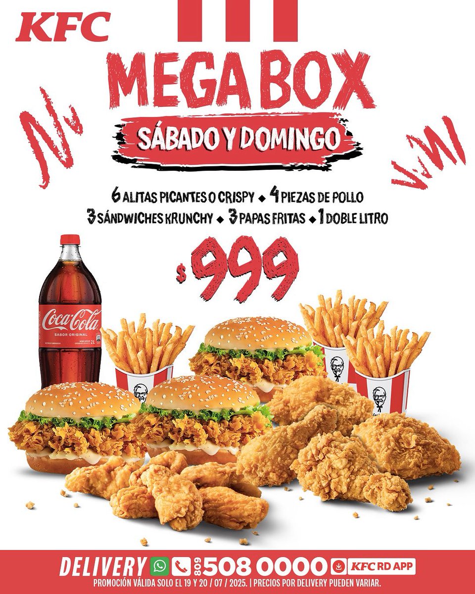 El fin de semana va a estar bueno con MEGA BOX por solo $999
Incluye 06 alitas picantes o crispy + 4 Piezas de pollo + 3 Papas fritas peq. + 3 Sándwiches Krunchy + 1 Refresco doble litro.🍗

*Disponible solo por sábado 19 y domingo 20 de julio de 2025
*Disponible en todos